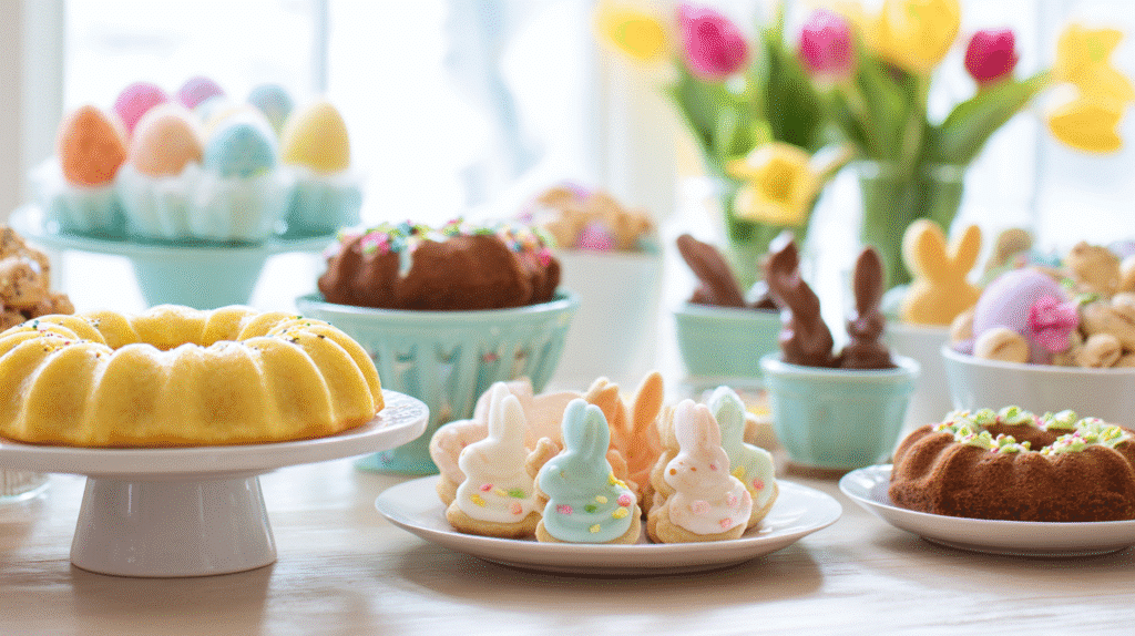 close-up overhead of pastel easter desserts on white table