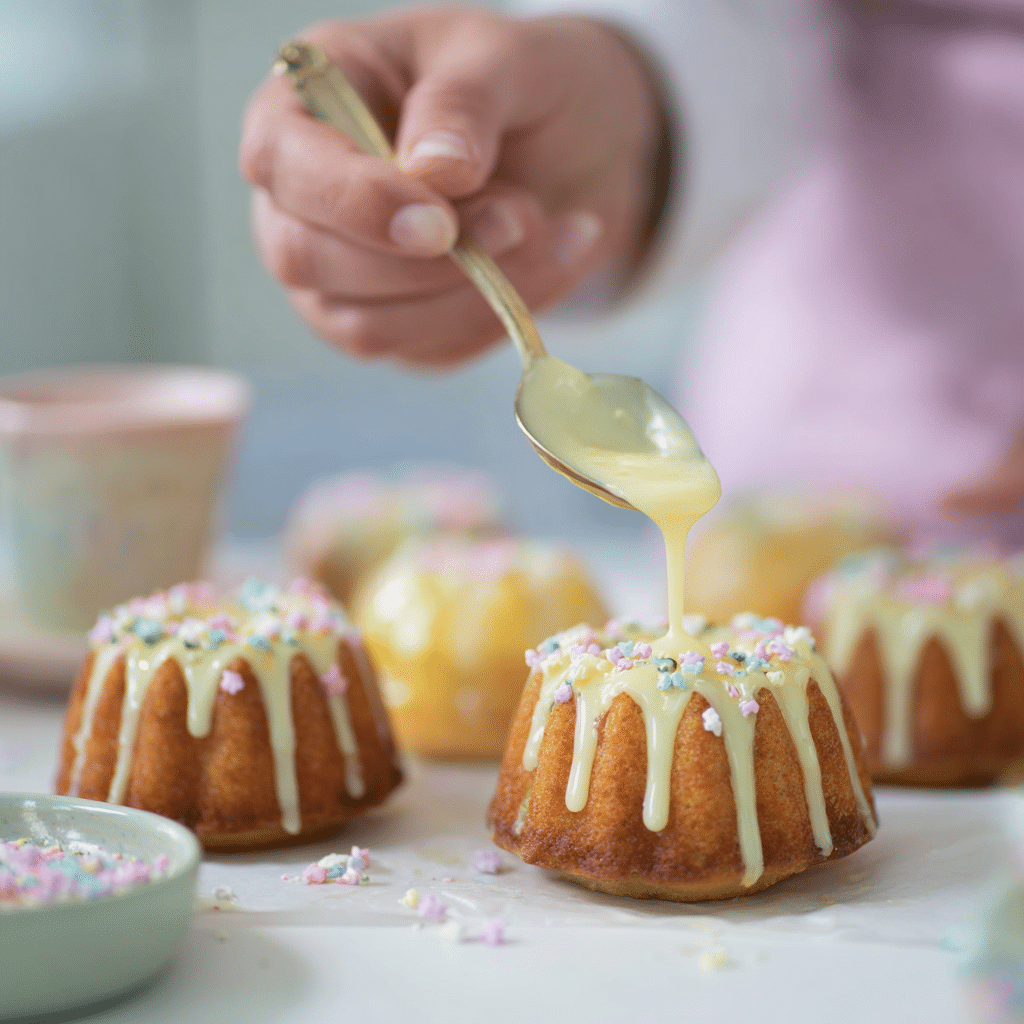 overhead view of glazing mini easter bundt cakes with lemon icing
