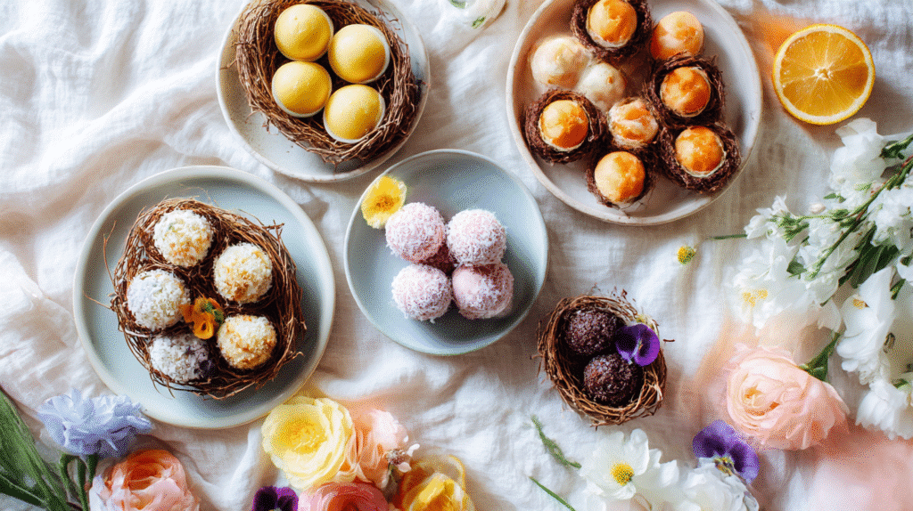 Healthy Easter Desserts featuring no-bake coconut, carrot, and fruit tarts
