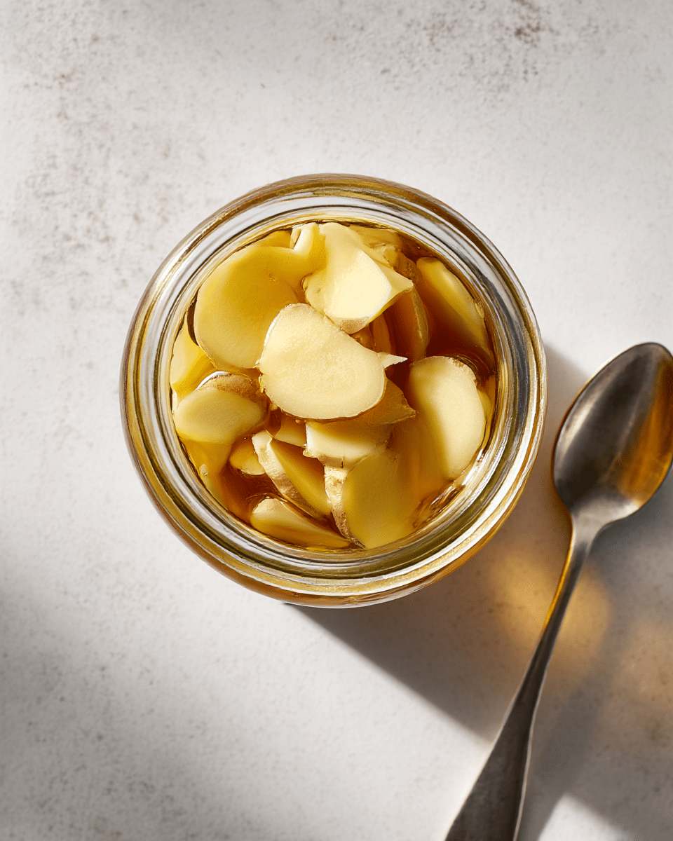 Top view of honey fermented ginger recipe jar