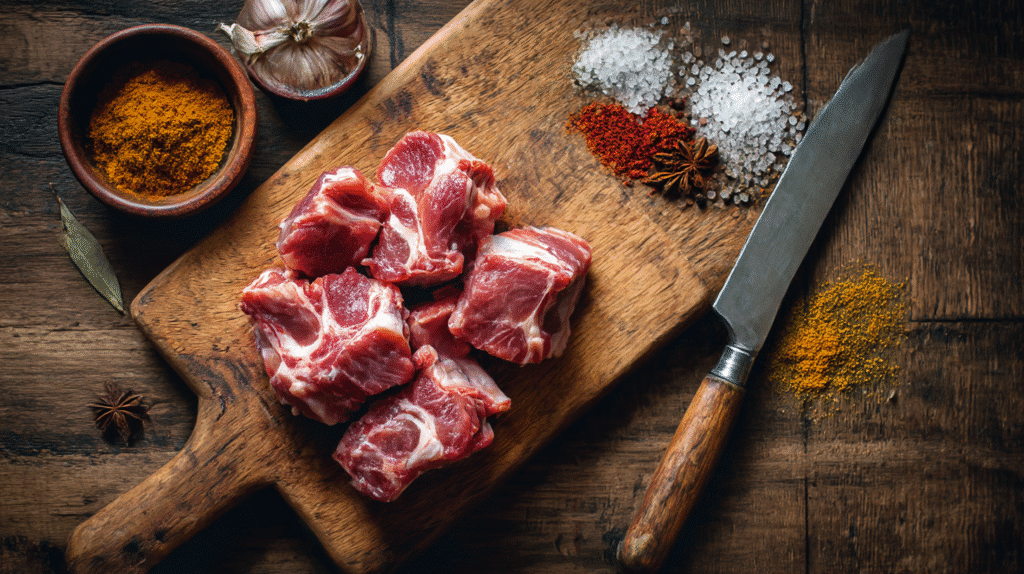 chopped mutton vs mutton chops on butcher board with spices