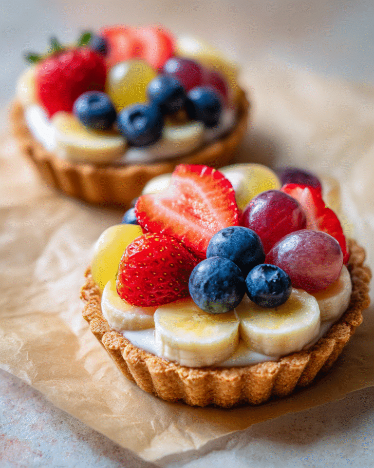 Close-up of two no-bake Easter egg fruit tarts with fresh fruit