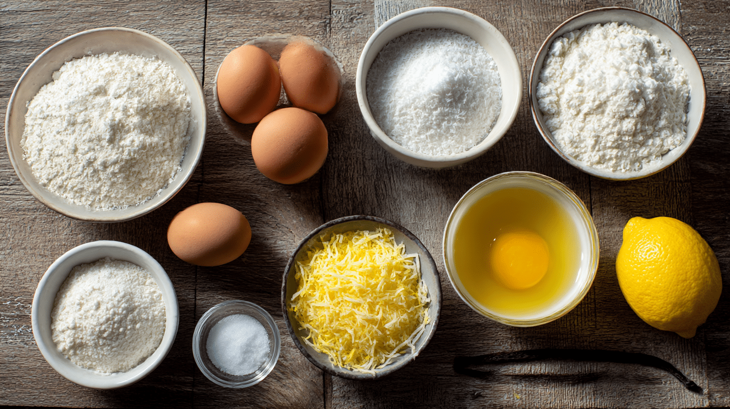Ingredients for Easter mini bundt cakes – lemon, coconut, flour