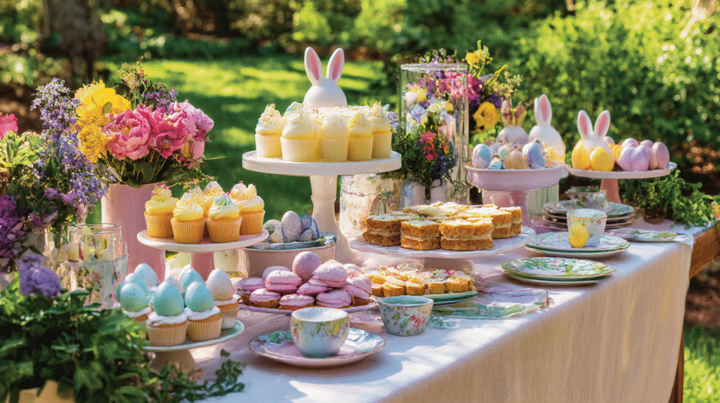 Easter dessert ideas table with colorful spring treats