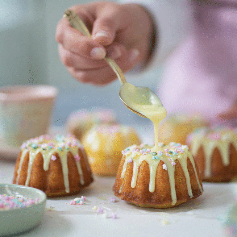 Drizzling glaze over mini Easter bundt cakes with sprinkles