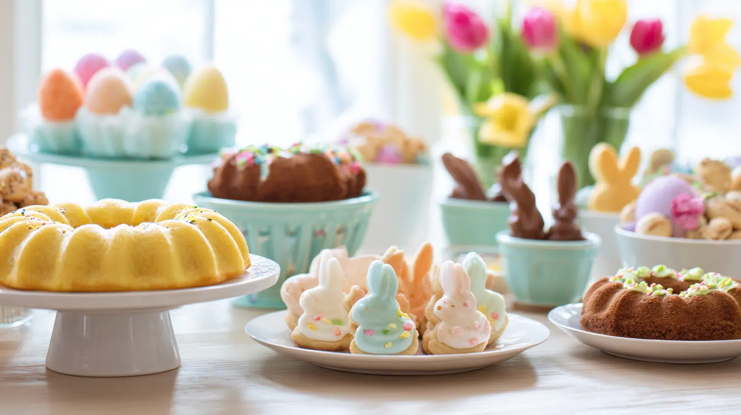close-up overhead of pastel easter desserts on white table