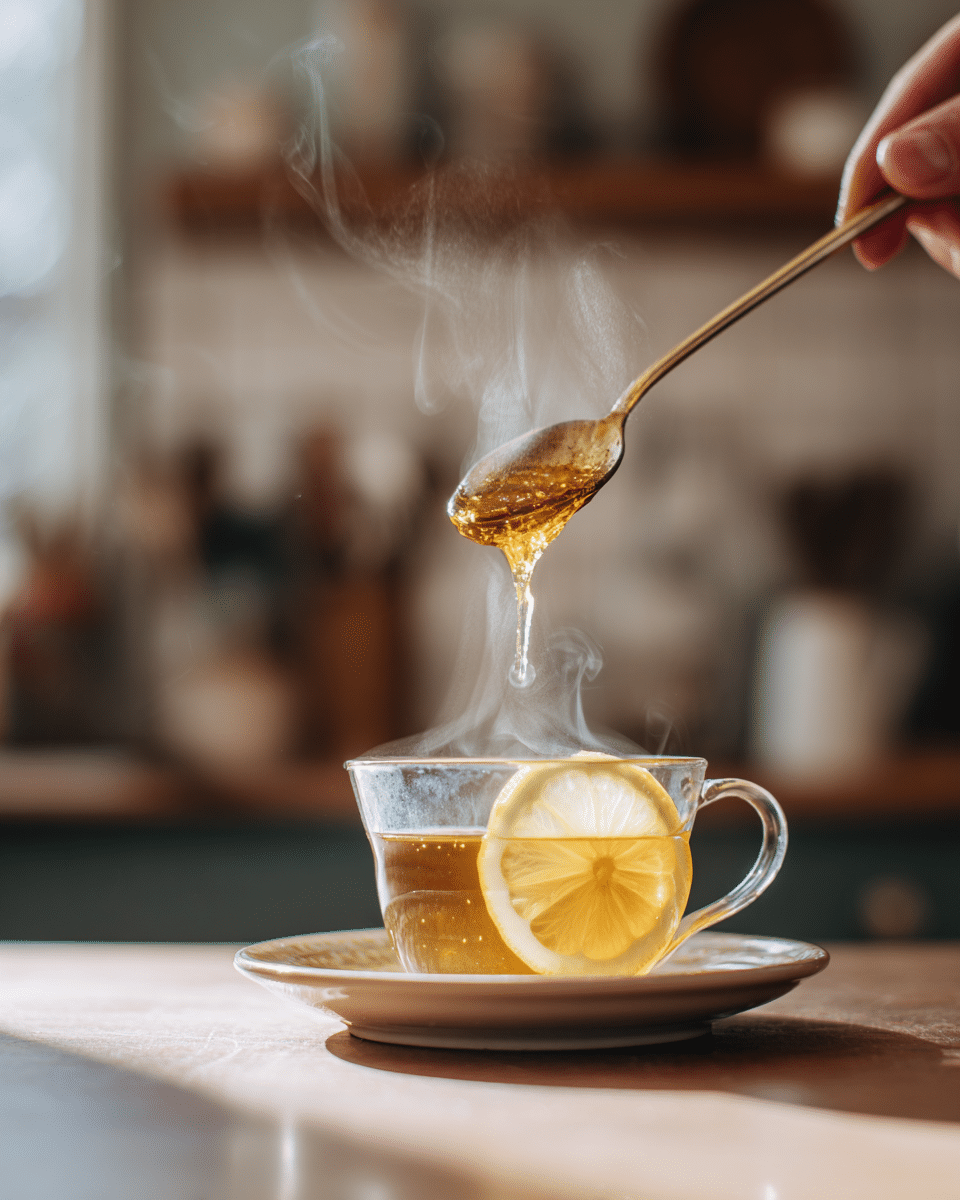 fermented-ginger-honey-in-tea. Fermented ginger honey in herbal tea for digestion