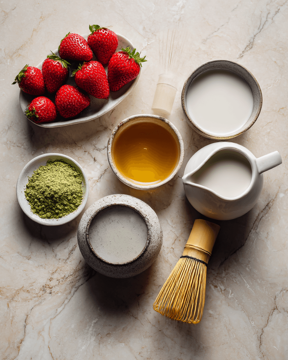 Ingredients for making strawberry matcha latte on a countertop strawberry-matcha-latte-ingredients.