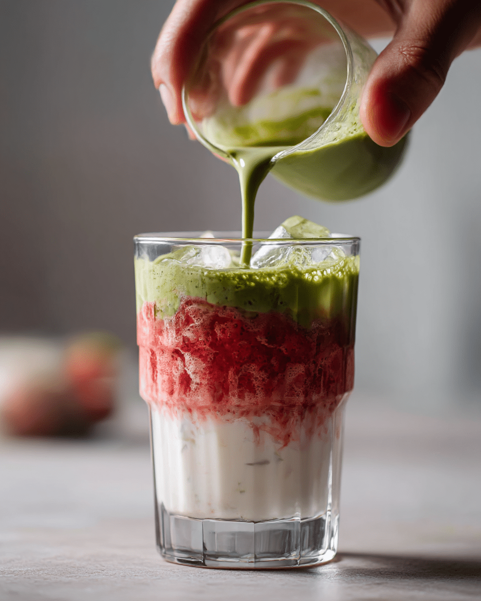 Layered strawberry matcha latte being assembled layering-strawberry-matcha-latte.