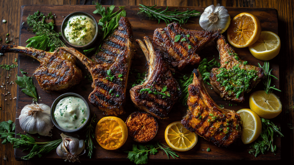 Mutton Chop Marinades – A platter showcasing grilled mutton chops with diverse marinades: yogurt garlic, honey mustard, harissa citrus, soy ginger, and herb lemon rub, surrounded by fresh ingredients.