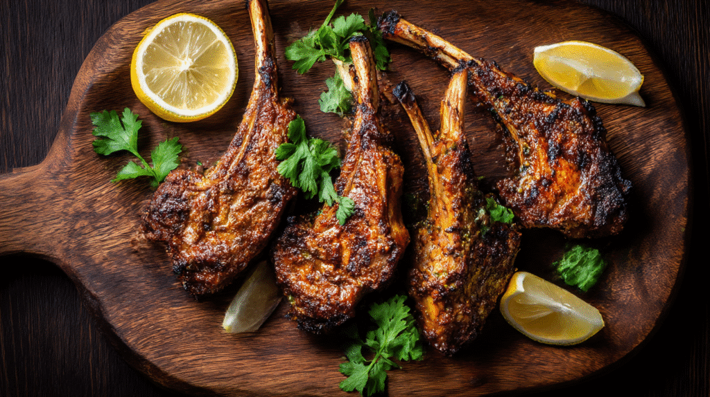Mutton chops grilled Indian-style on wooden board with garnish