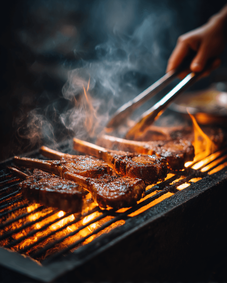 mutton-chops-grilling-process-indian-style. Mutton chops sizzling on the grill with char marks and smoke
