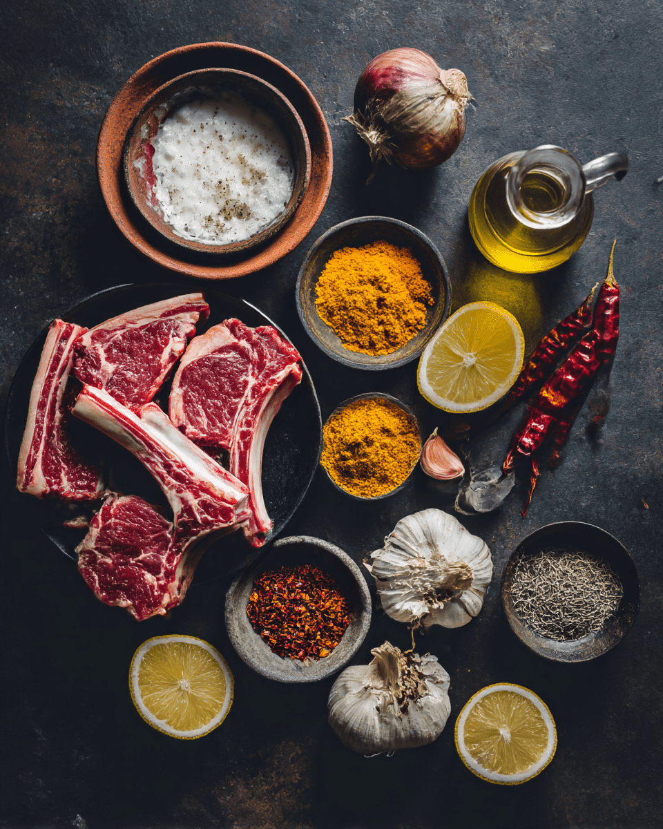  Mutton chops and Indian marinade ingredients laid out before cooking