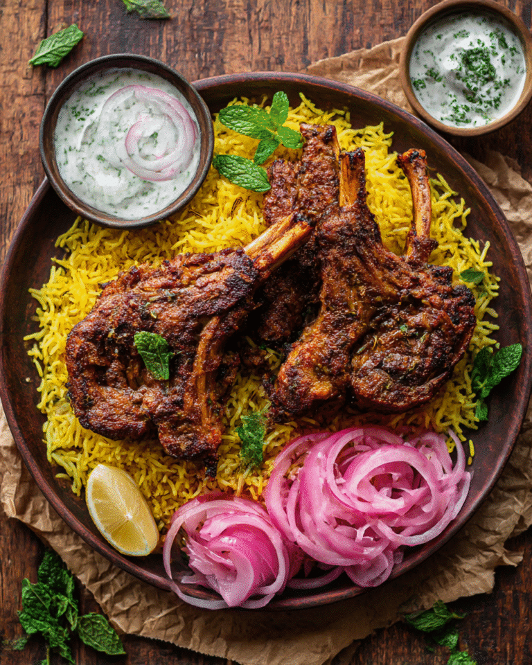Mutton chops plated on wooden table with jeera rice and raita, no paper