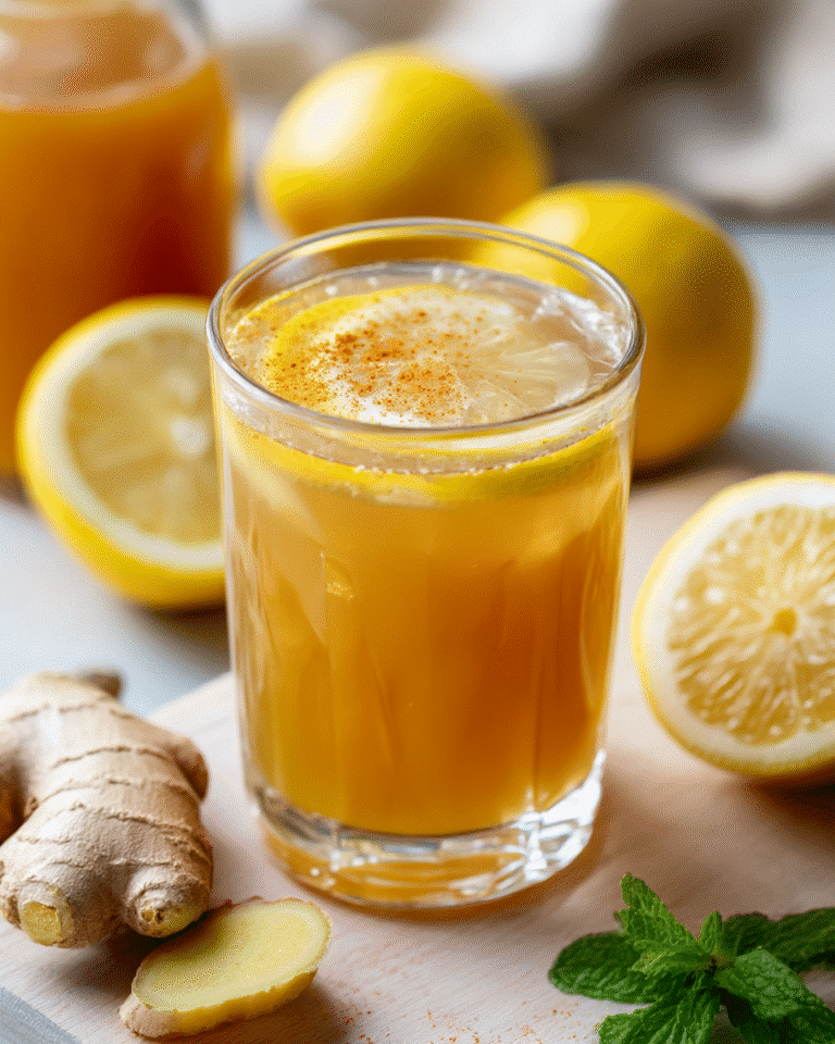 Close-up of a natural Zepbound drink in a clear glass with lemon slices and grated ginger