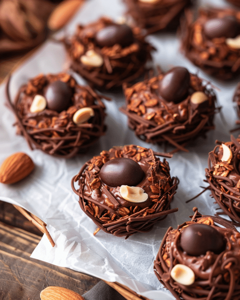 Close-up of no-bake chocolate peanut butter Easter nests topped with almonds and dark chocolate eggs