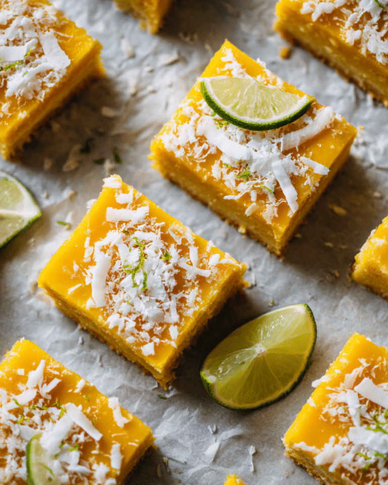 No-bake mango coconut bars topped with lime zest