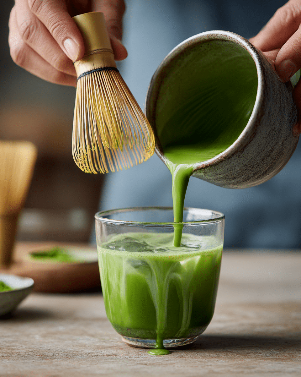 Pouring whisked matcha over ice and milk-8e3a-4f7f-a96f-e67d112dfffd_0 whisking-pouring-matcha-latte.