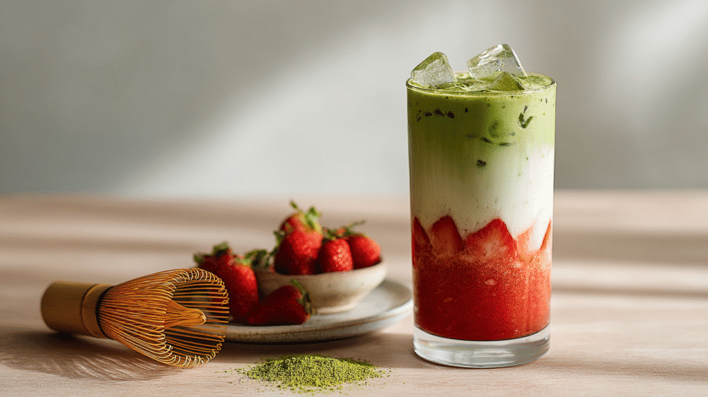 strawberry matcha layered drink in clear glass with ice and fresh strawberries