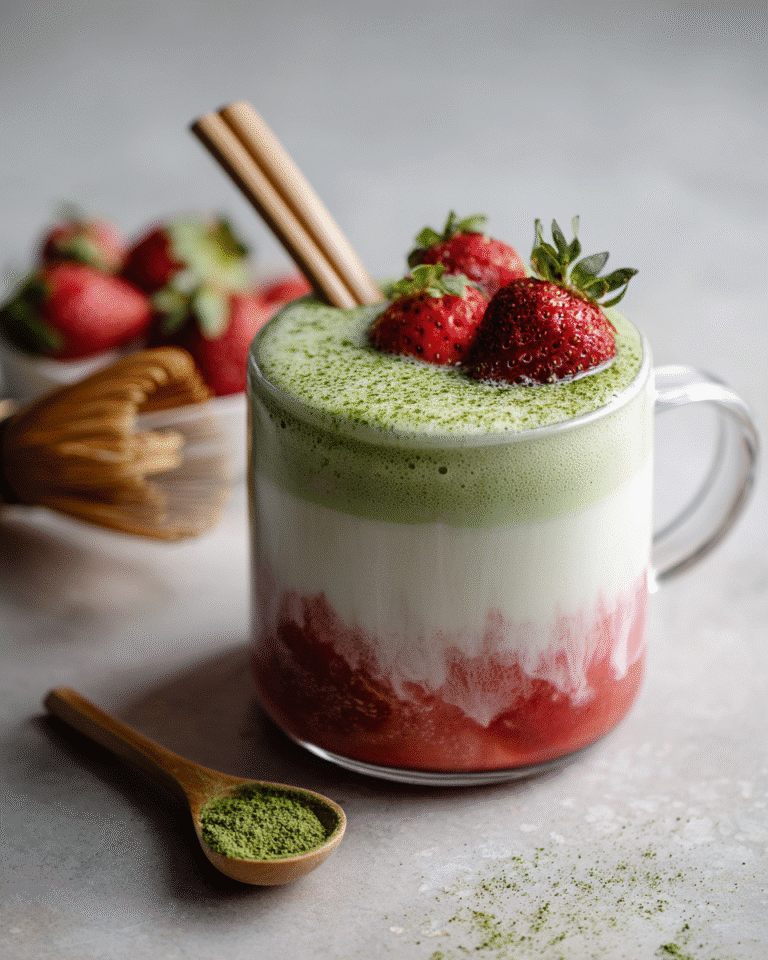 Strawberry Matcha layered drink in glass mug with fresh strawberries on top