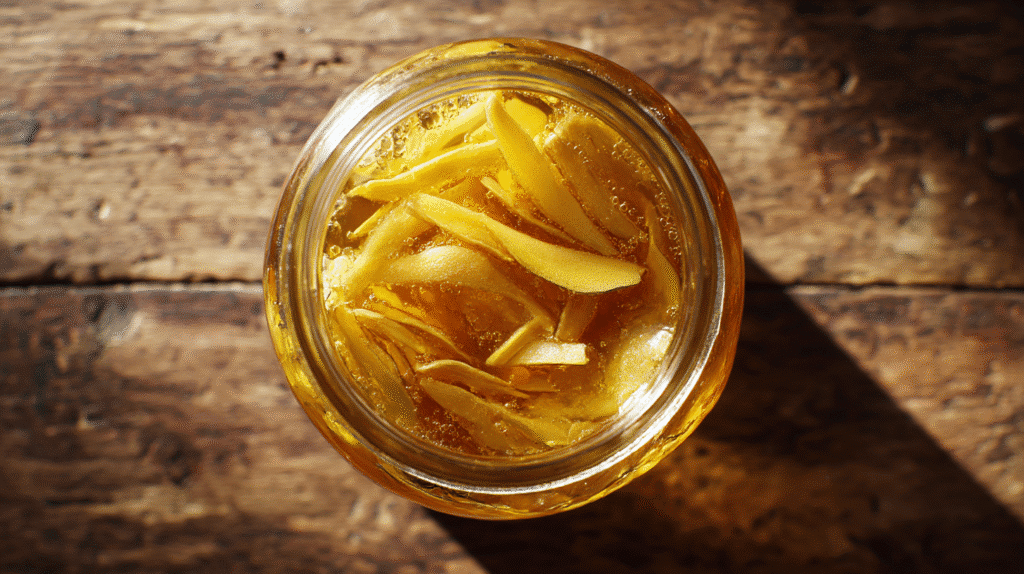 Uses for fermented ginger shown in a top view of a jar filled with honey and sliced ginger, ideal for home remedies