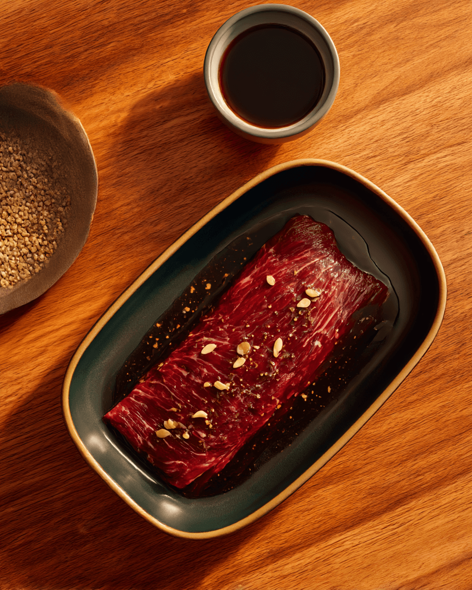 Asian-style soy marinade poured over skirt steak