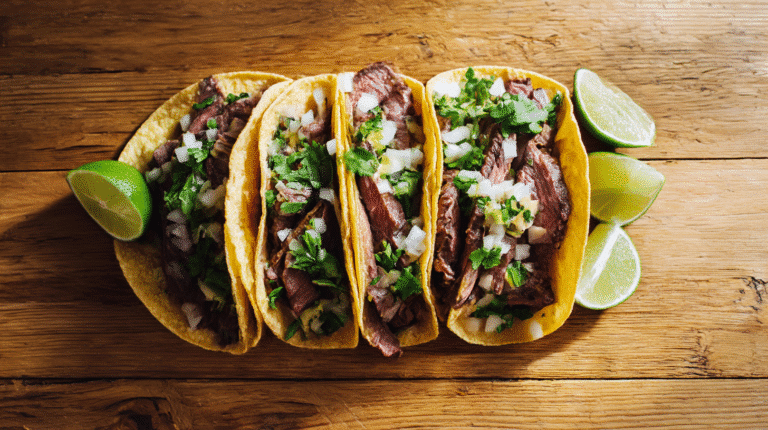 skirt steak tacos with onion, cilantro, and lime on wooden table