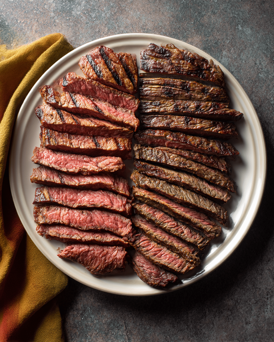 How to Slice Flank vs Skirt Steak Flank steak vs skirt steak sliced against the grain after cooking, showing texture and juiciness