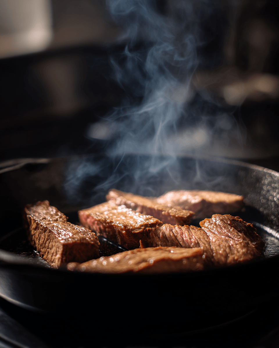 cooking-skirt-steak-cast-iron. skirt steak cooking in cast iron pan