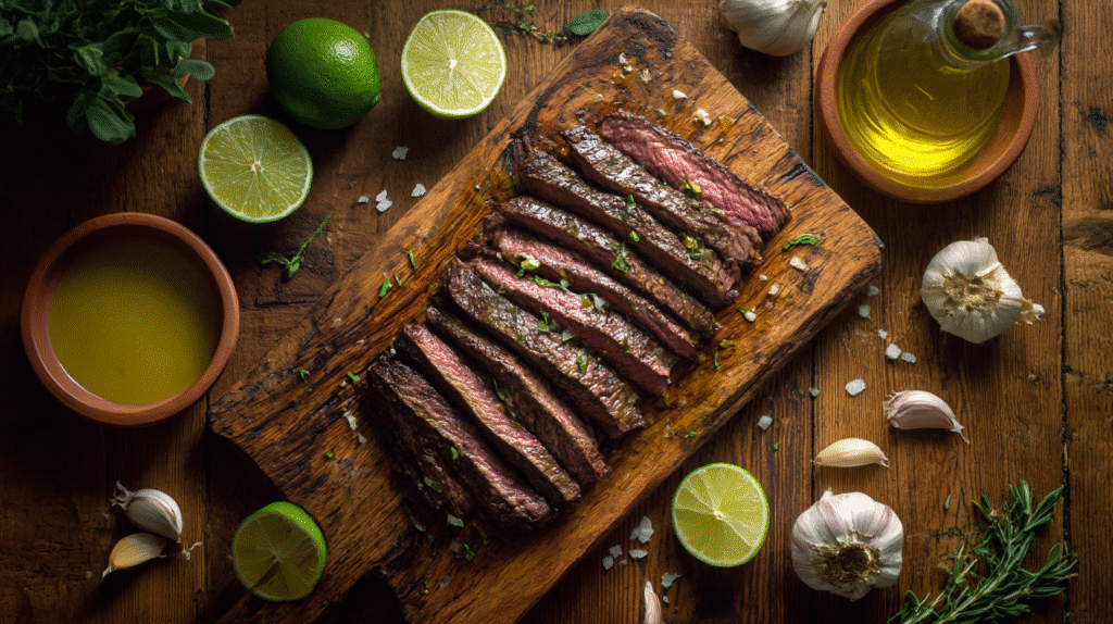 Skirt steak marinade ingredients and grilled sliced steak