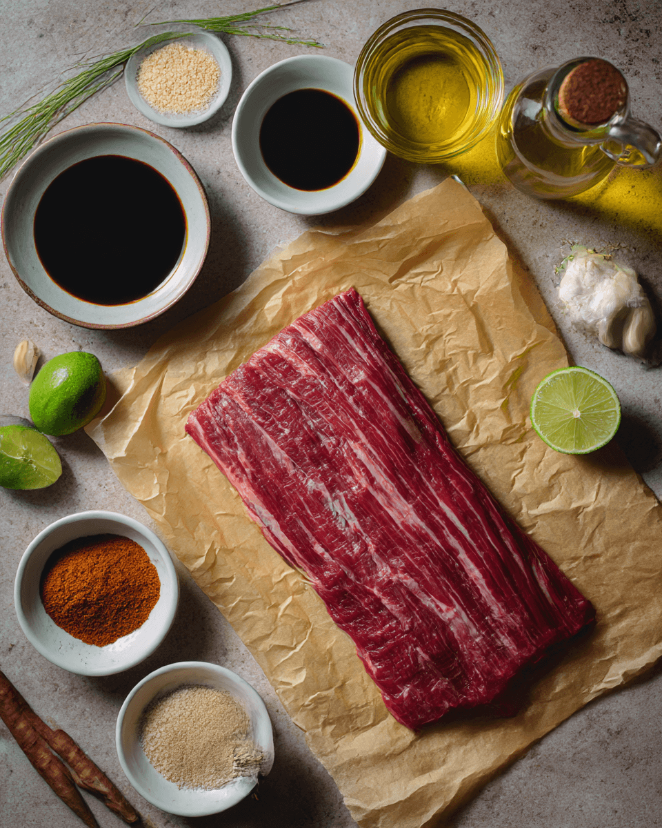 raw skirt steak and marinade ingredients