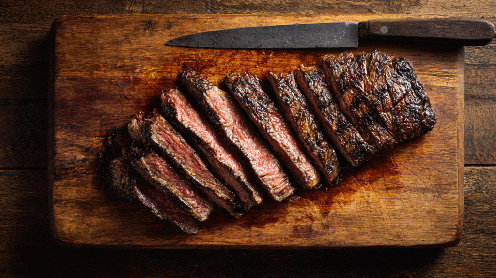 grilled skirt steak steaks sliced on cutting board