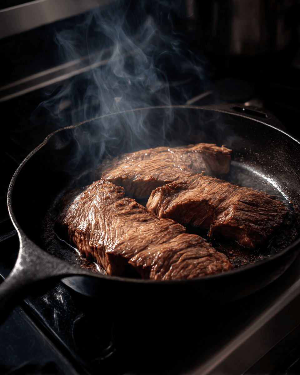 skirt steak steaks cooking in hot skille
