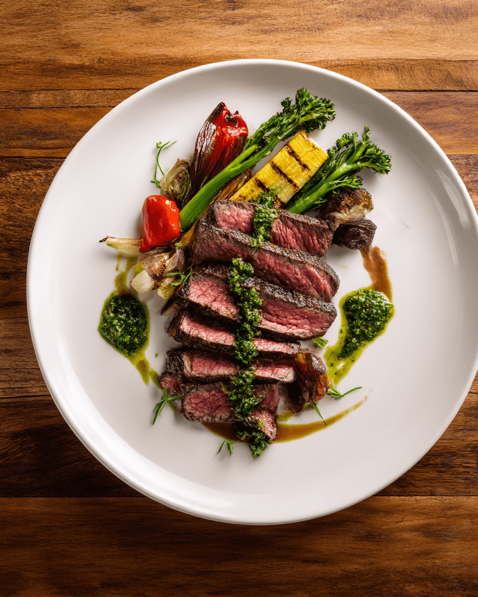 sliced skirt steak with sides and chimichurri