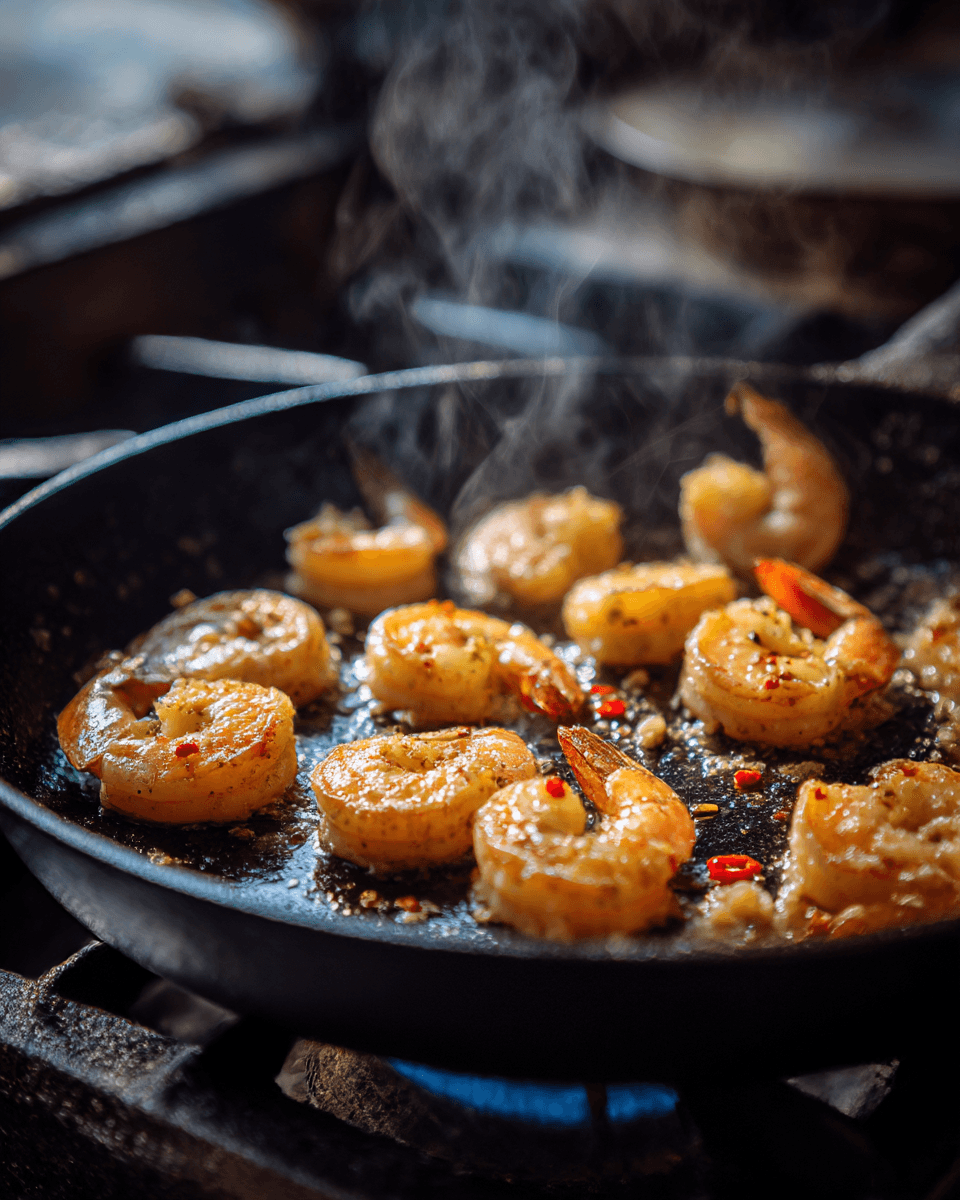 shrimp cooking in skillet for firecracker shrimp and steak