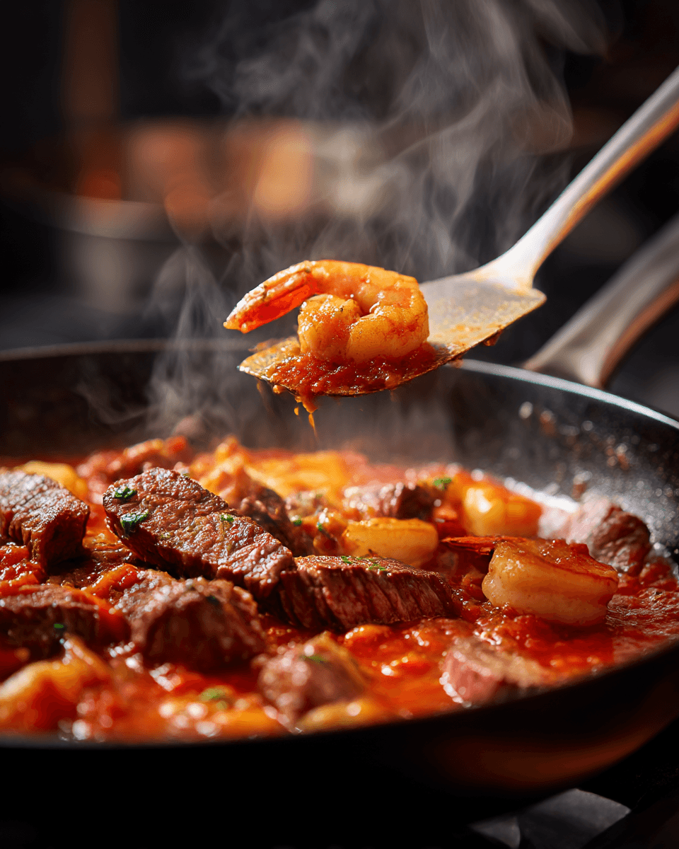 stir-frying steak and shrimp with spicy sauce