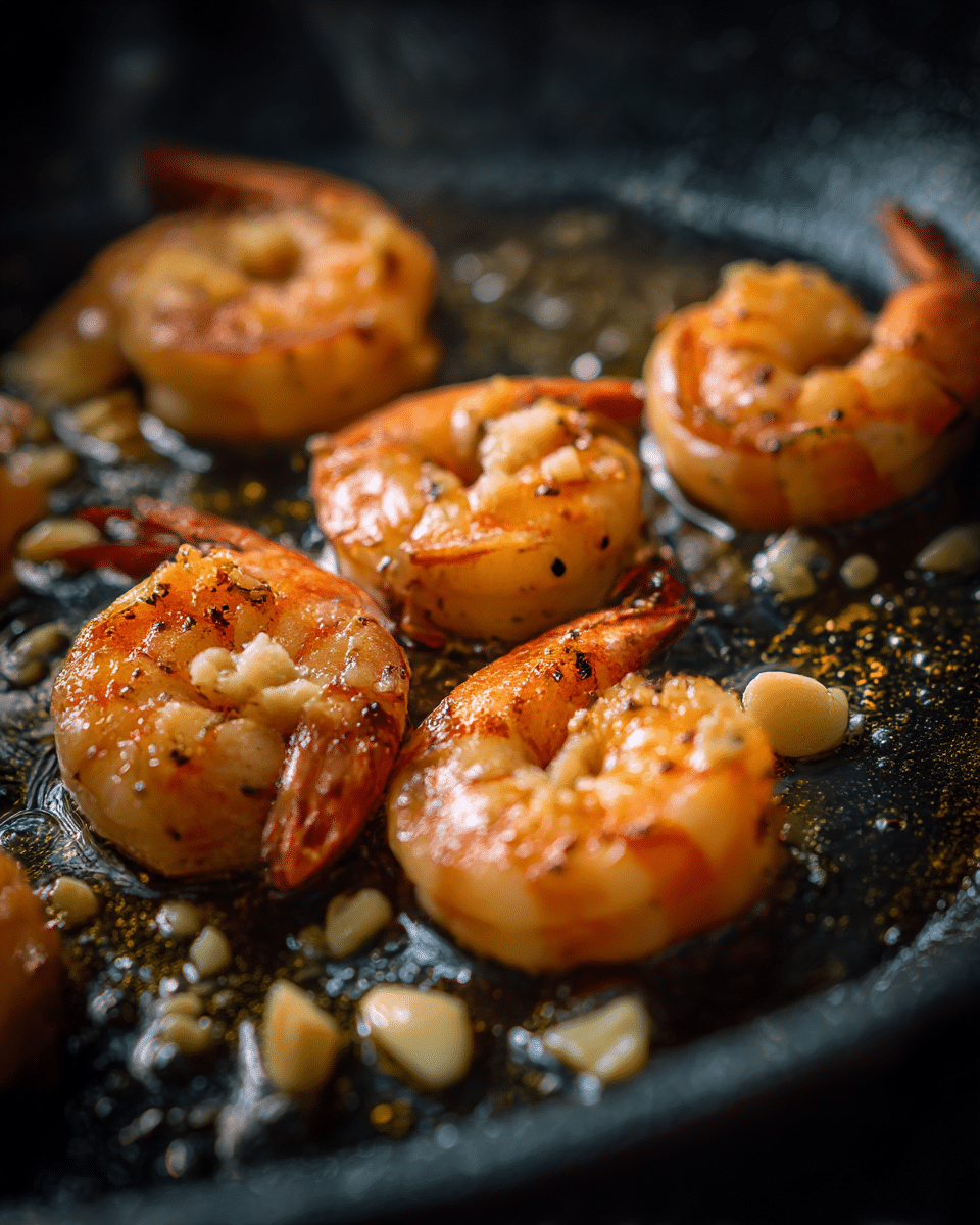 Shrimp searing in skillet with garlic