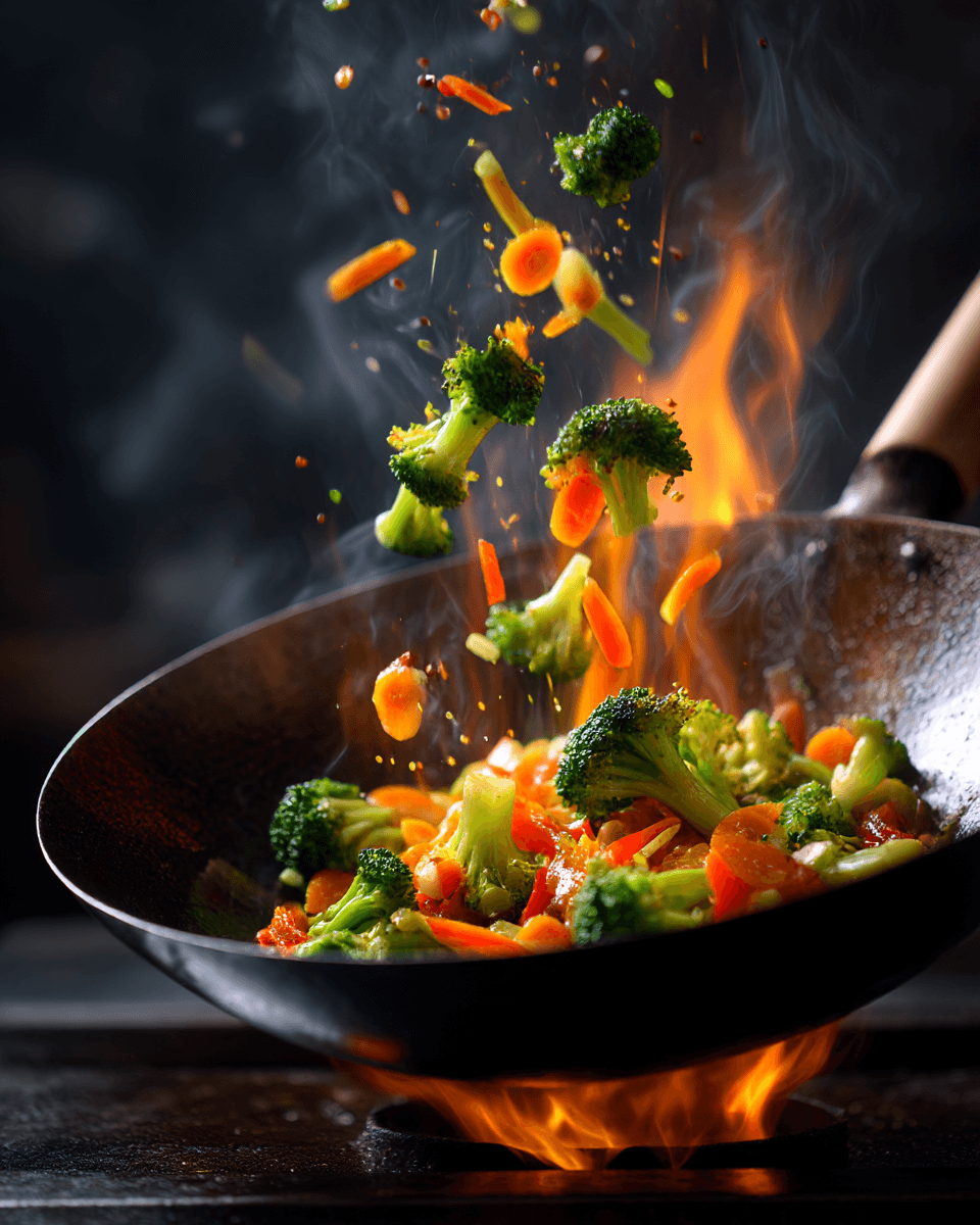 Vegetables stir-frying in a wok with firecracker sauce