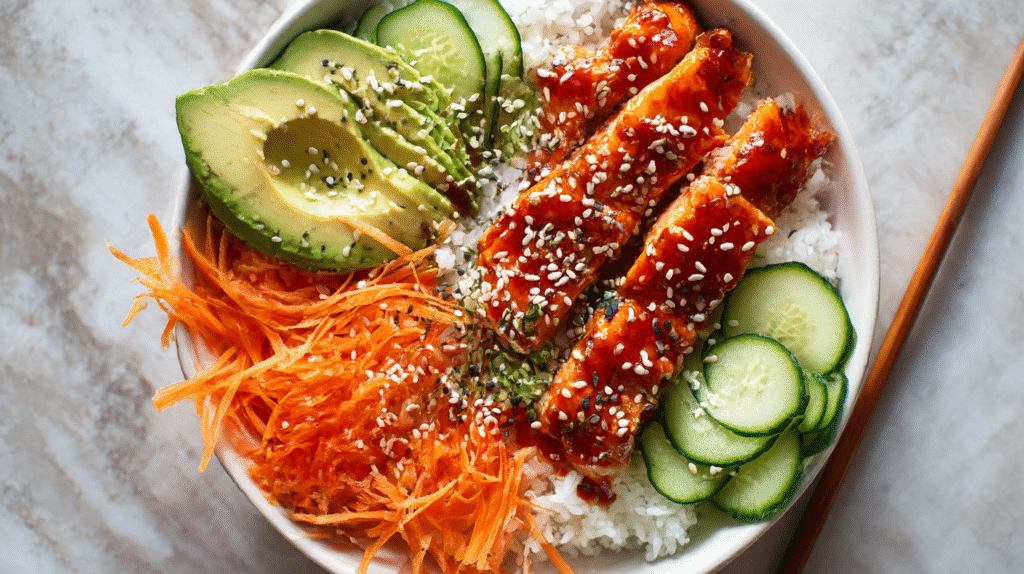 Firecracker Salmon Bowl with spicy glaze and fresh toppings