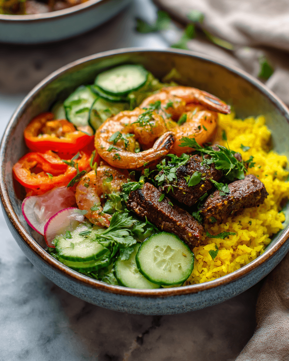 firecracker shrimp and steak bowl with rice and veggies