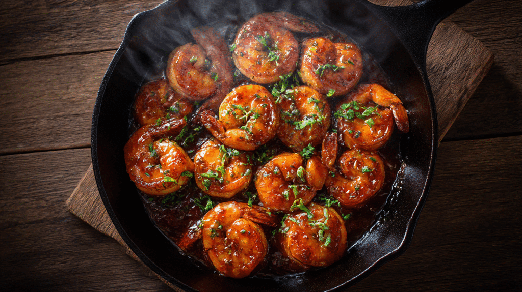 firecracker shrimp and steak in cast iron pan with spicy glaze