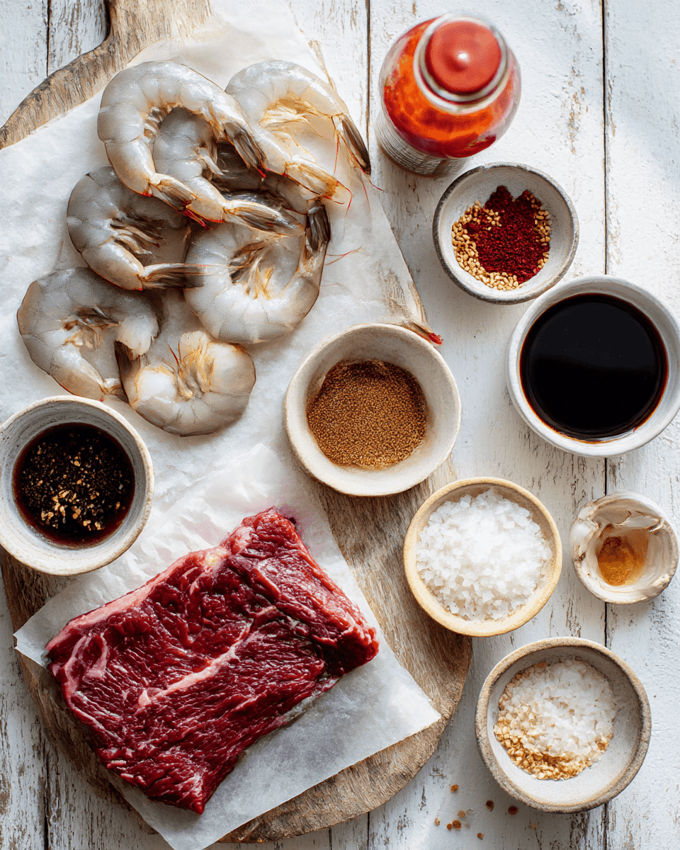  ingredients for firecracker shrimp and steak on kitchen counter