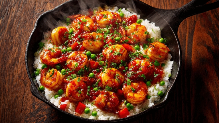 Firecracker shrimp rice skillet in a cast iron pan