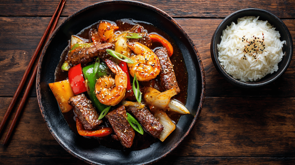 firecracker steak and shrimp on plate with rice