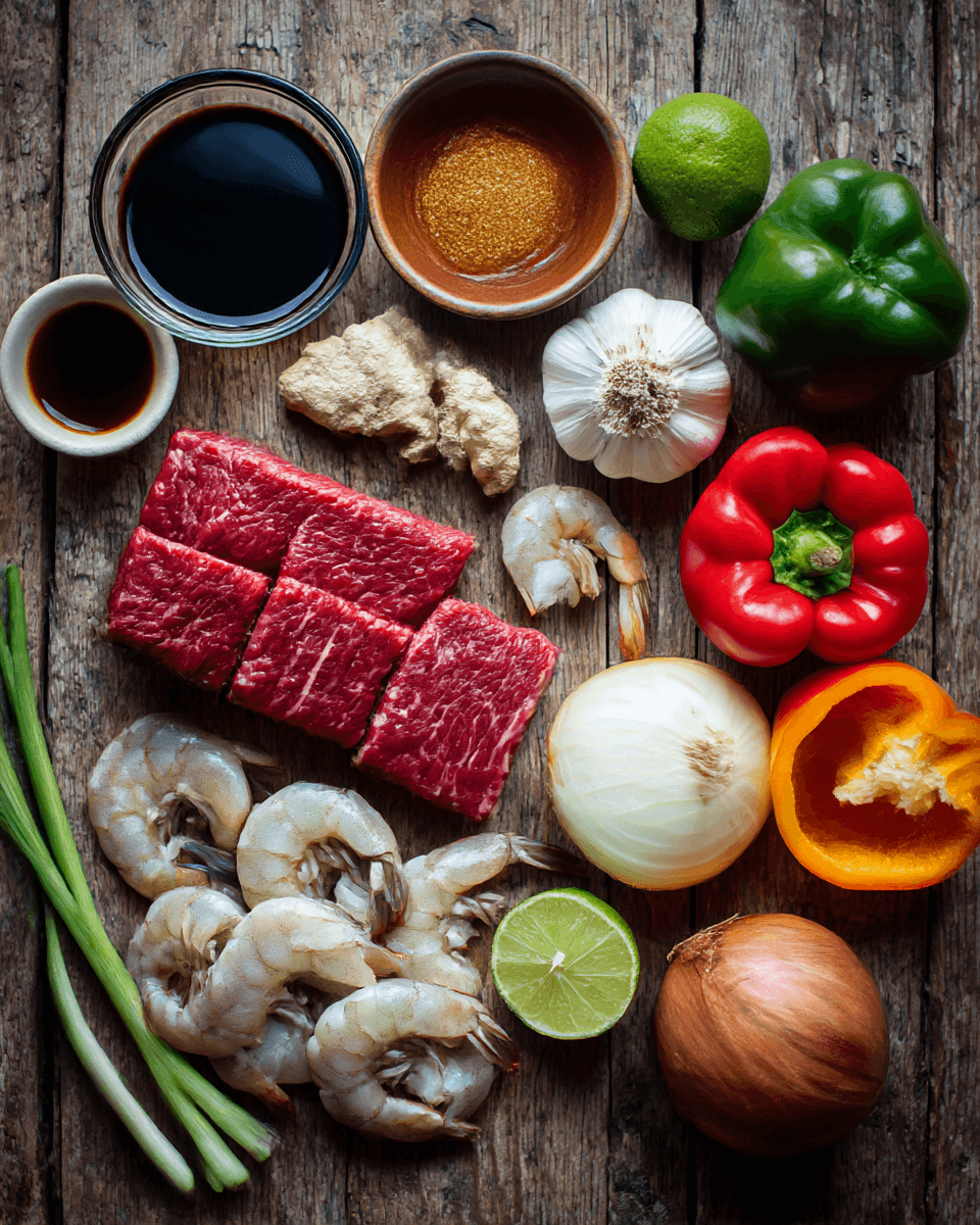 ingredients for firecracker steak and shrimp laid out on table