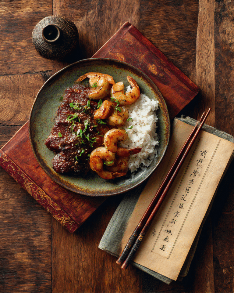 firecracker steak and shrimp with recipe card