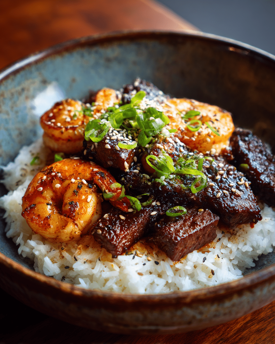 firecracker steak and shrimp served in bowl with rice