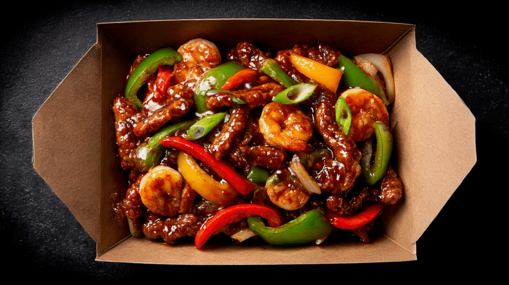 firecracker steak and shrimp Panda Express in takeout box