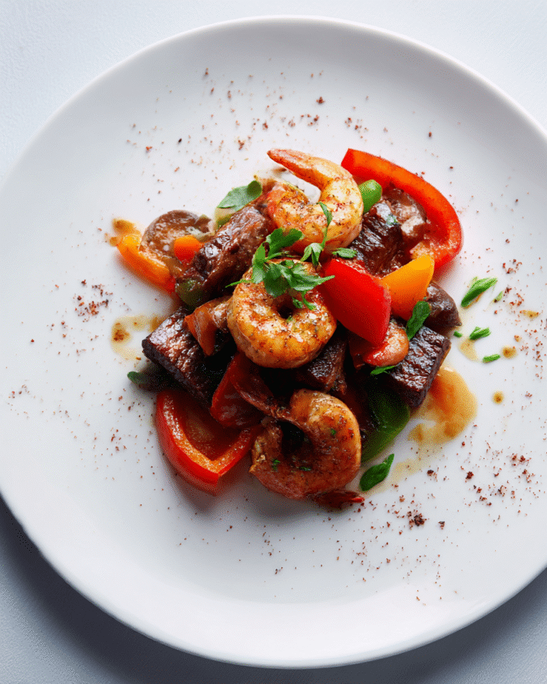 firecracker steak and shrimp Panda Express close-up recipe card view