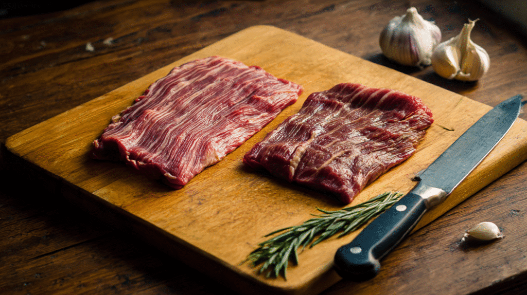Flank steak vs skirt steak side-by-side comparison on a rustic wooden board with rosemary, garlic, and olive oil